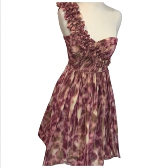 Maggy London One shoulder Ruffle  full pink print dress 2 - Picture 2 of 10